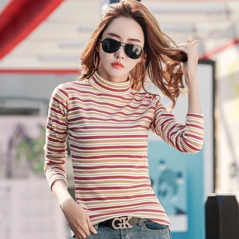 2025 خمر مخطط الياقة المدورة كم طويل تي شيرت جديد سليم تنوعا اللون منعت تيز الخريف الشتاء طبقة قاعدة بسيطة 3