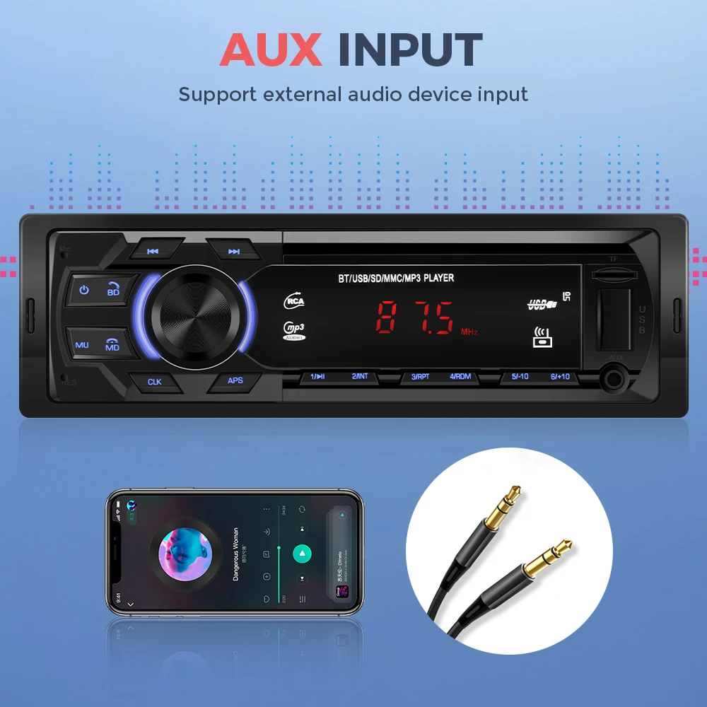 Single Din Car Audio Bluetooth Car Stereo Receiver AM/FM Radio MP3 Player USB SD AUX Remote Control Reverse Polarity Protection