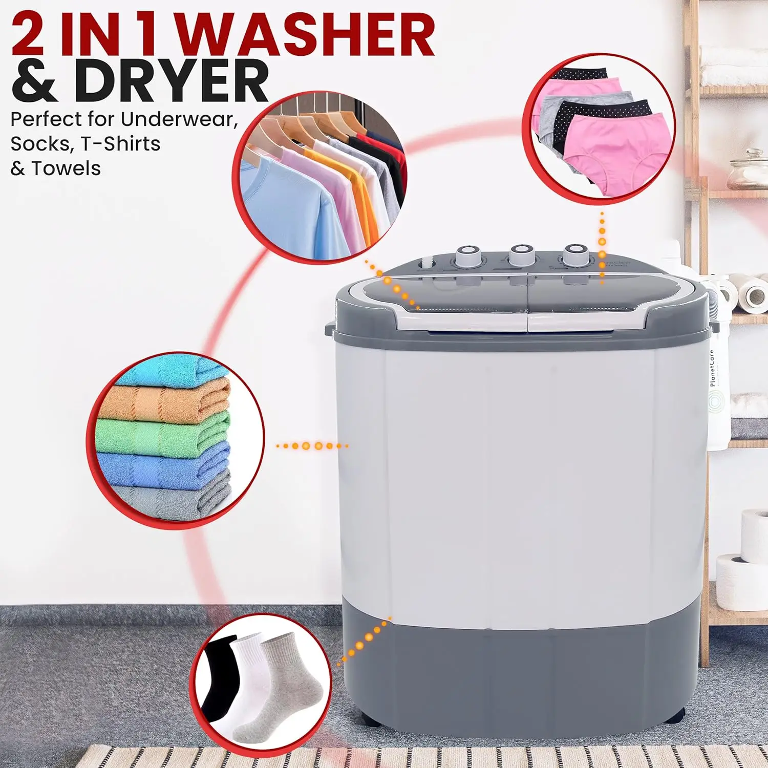 Compact Home Washer & Dryer, 2 in 1 Portable Mini Washing Machine, Twin Tubs, 11lbs. Capacity, 110V, Spin Cycle w/Hose, Tra 6