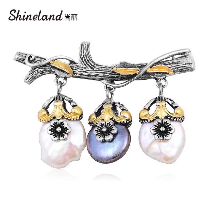 

Shineland New Fashion Branch 3pcs Irregular Natural Pearl Brooch Pins Baroque Luxury Vintage Coat Brooch Ladies Gift Jewelry