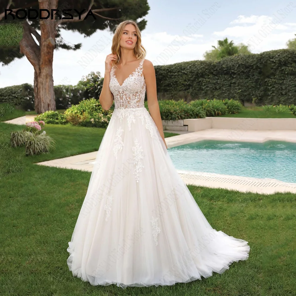 RODDRSYA Light Champagne Lace Wedding Dresses Sleeveless Backless Civil Bride Gowns Applique A-Line Tulle 2023 robe de mariée