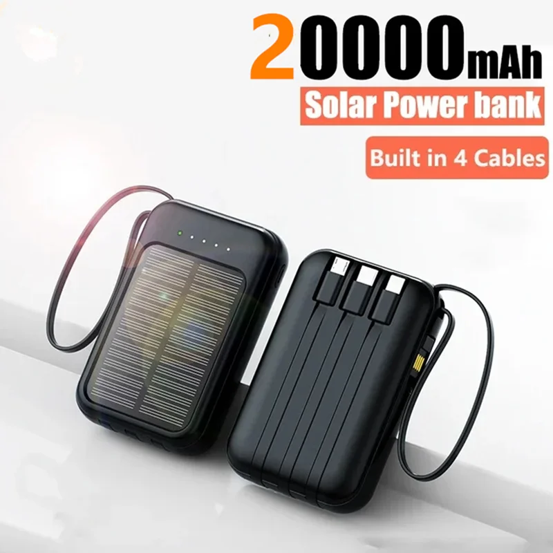 

20000mAh Solar Power Bank Built Cables Solar Charger 2 USB Ports External Charger Powerbank with LED Light