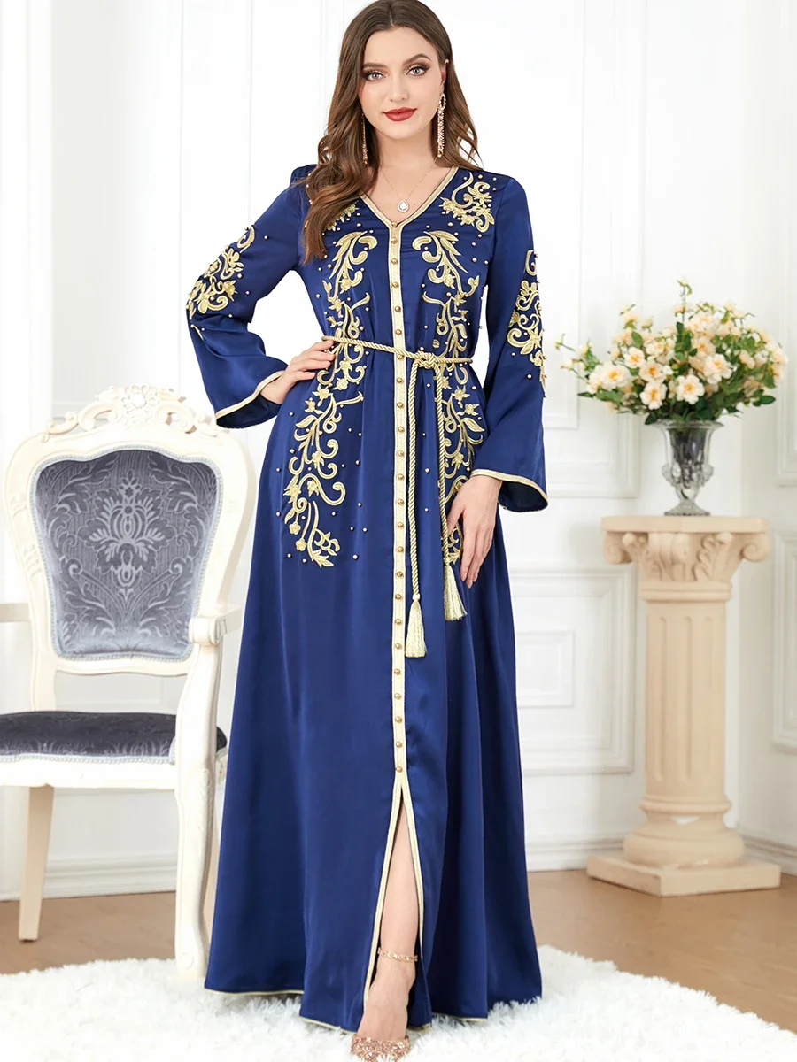 Morocco Dress Women Embroidery Muslim Abaya Fashion Dubai Abayas Ramadan Belted Kaftan Elegant Party Dresses Vestidos