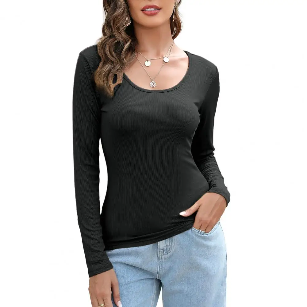 

Elegant Commuting Style Top for Women Stylish Women's U-neck Long Sleeve Solid Color T-shirt Soft for Autumn for Fashionable