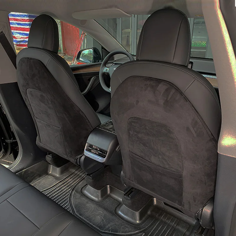 Фото Подкладка для спинки сиденья для Tesla Model Y & Mode 3, задняя крышка для автомобильных сидений, Высококачественная кожаная защитная подкладка с отворотом и мехом, чистый коврик №2