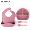 4PCS Silicone Children Tableware Baby Feeding Set Silicone Dinner Plate Wood Handle Spoon Fork Silicone Bibs BPA Free 1