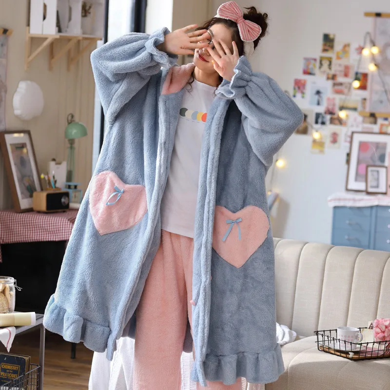 Rabbit Fluffy Pajamas Nightgown Long Robe Suit Homewear Flannel Animal Cartoon Loungewear Lingerie Full Pajamas Woman Warm