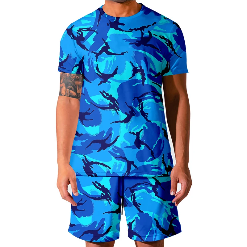 Blue Camouflage Men's 2 Pieces Set T-shirt Beach Shorts Mens Casual Streetwear 2022 Summer Loose Short Sleeve Holiday Suits Male