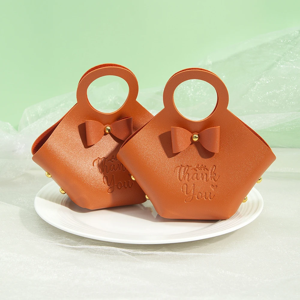 Orange PU Leather Jewelry Thank You Bag 16x9x7cm Wedding Halloween Candy Chocolate Gift Handbag Bowknot Oil Storage Basket Pouch