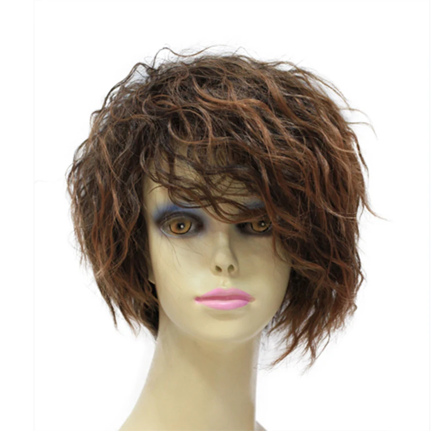 Коричневые короткие Костюмные парики для женщин, синтетический парик, естественные кудрявые волосы с челкой