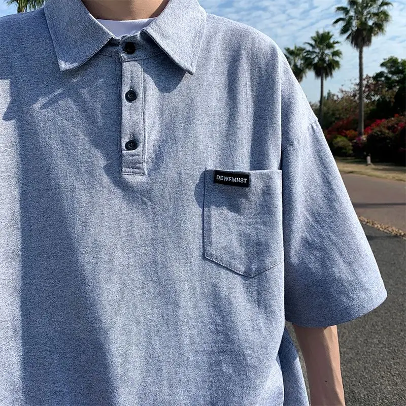 

Japanese literary simple solid color shirt summer short-sleeved workwear pocket loose T-shirt oversize for men and women emo y2k