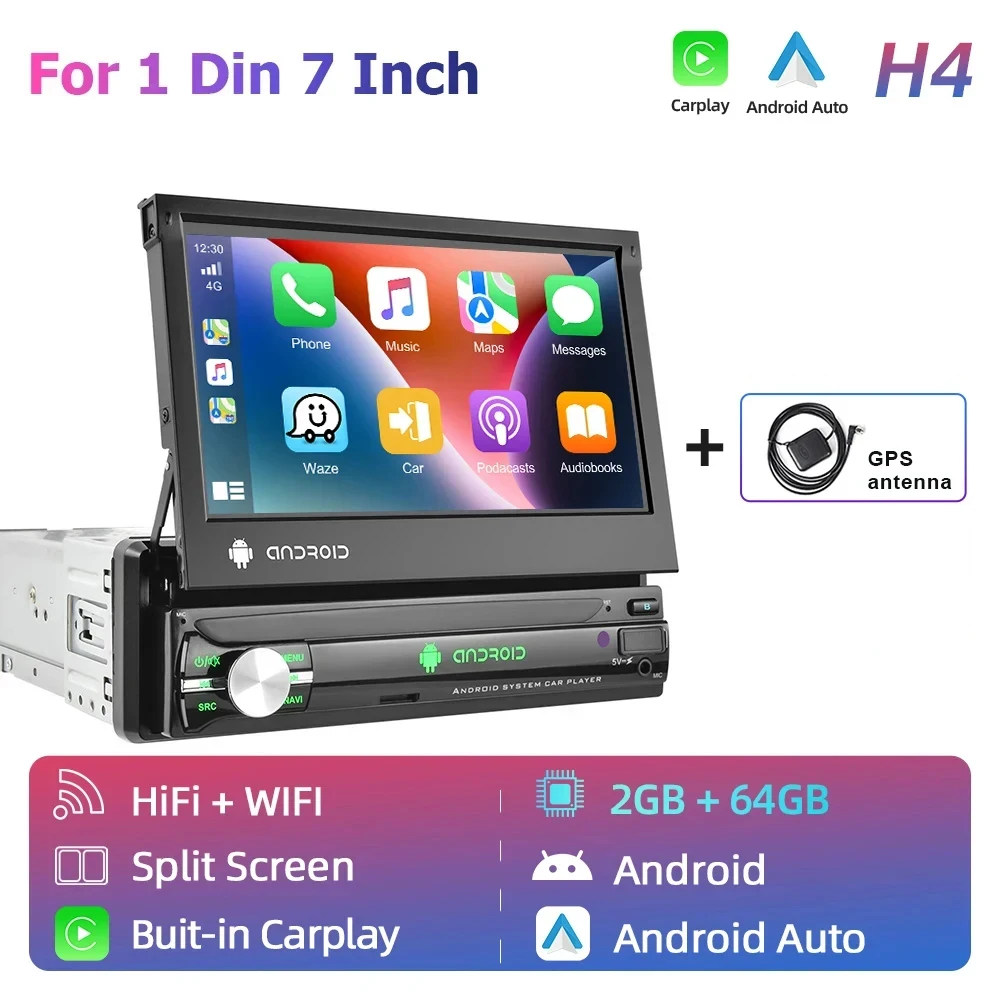 Hikity-reproductor Multimedia con GPS para coche, pantalla retráctil de 7 pulgadas, Carplay, 1DIN, Android, navegación, WIFI, audio estéreo, AI, voz, FM, RDS