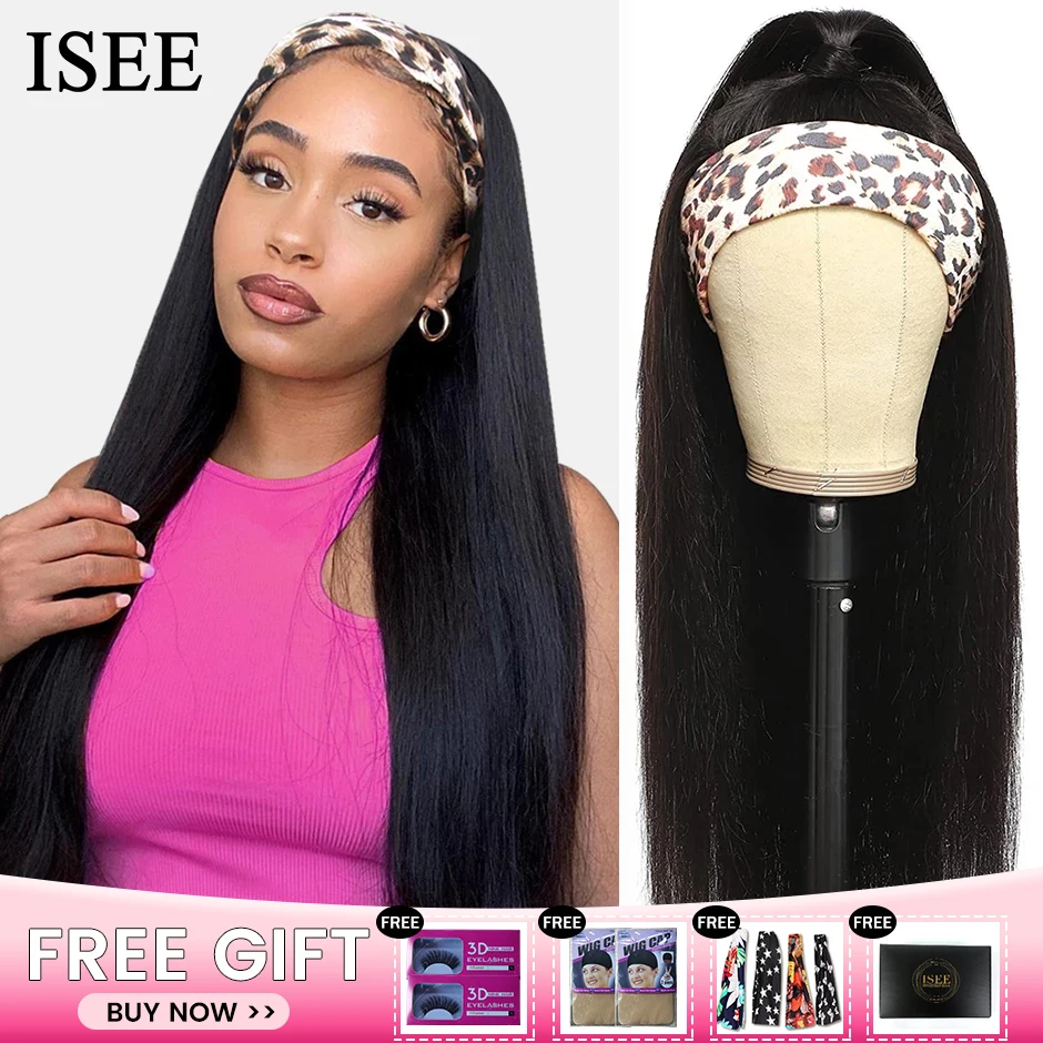 ISEEHAIR Straight Headband Wig Human Hair Wigs 180 Density Peruvian