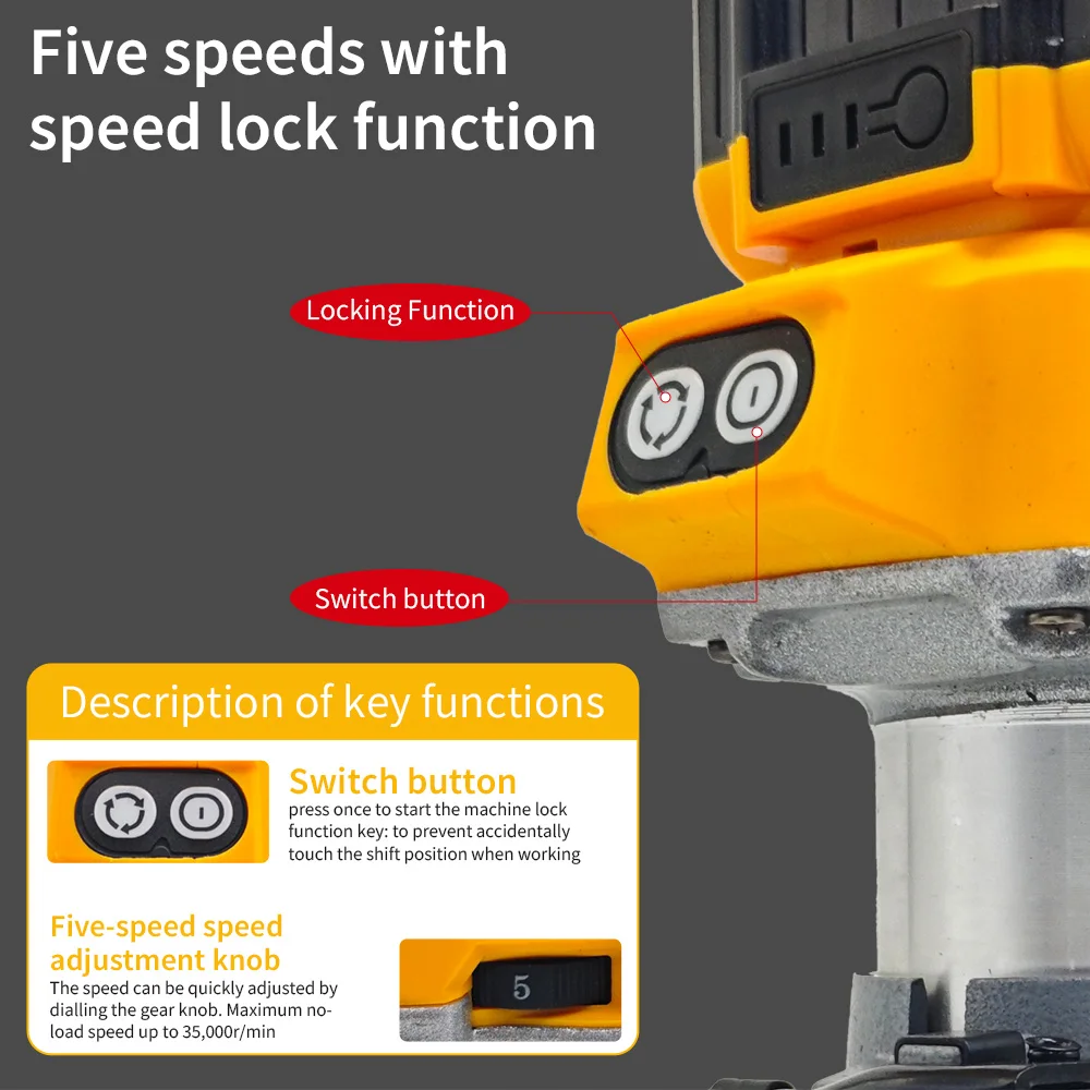 Mamidw 무선 컴팩트 라우터, DeWalt 20V 배터리(베어툴)와 호환 가능, 목공용 5단 변속 라우터 도구, 80