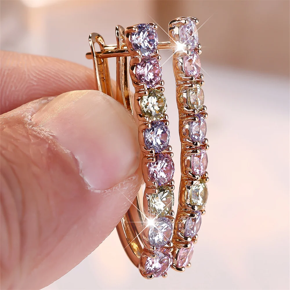 Multicolor Crystal White Zircon Round Stone Hoop Earrings For Women Vintage Gold Color Ear Buckle Wedding Jewelry Versatile Gift