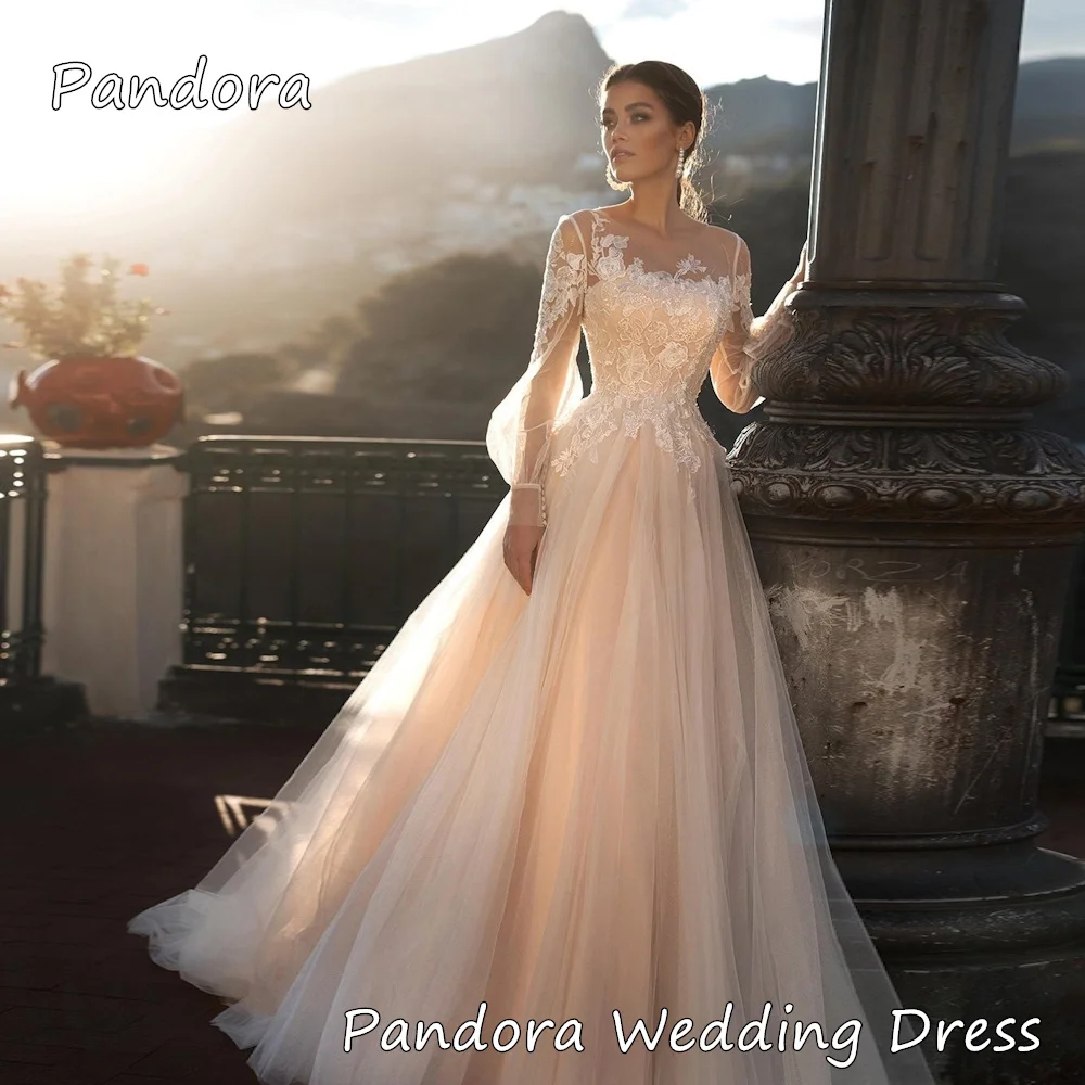 

Pandora Tulle A-line O-neck Appliques Lace Long Sleeves Ivory Bride Floor-length Dresses Elegant Wedding Dresses For Woman 2024