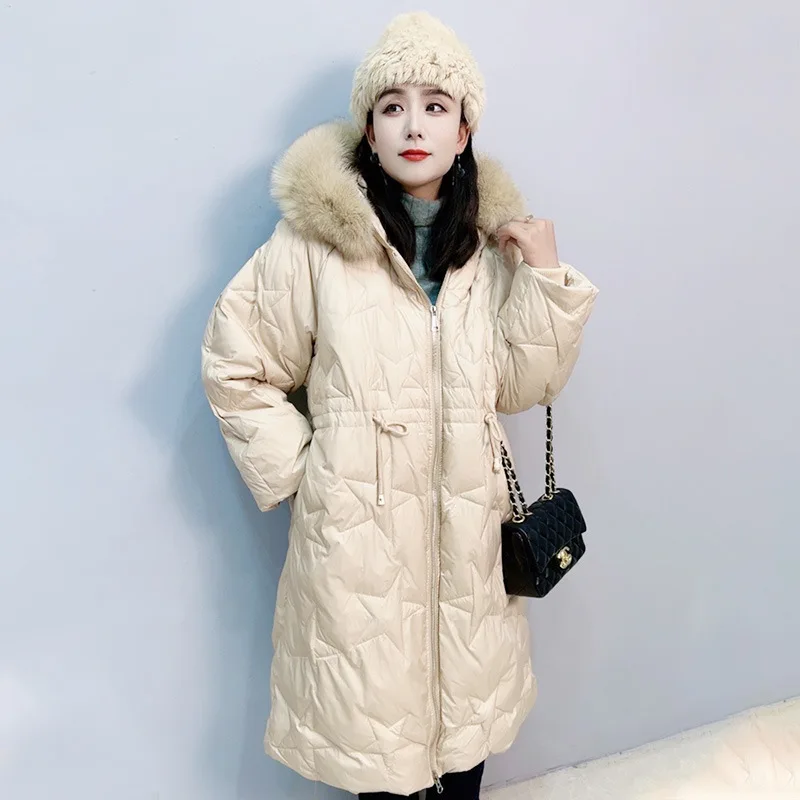 

Large size down jacket women fat 2023 new x-long real wool big collar 90% white duck down casual High quality light warm coat