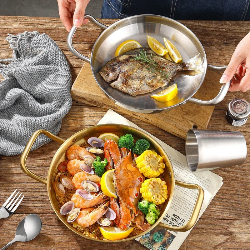 Stainless steel Spanish seafood rice pot Golden Korean Army Hotpot  Thickened commercial double ear frying pan Dry pot basin - AliExpress