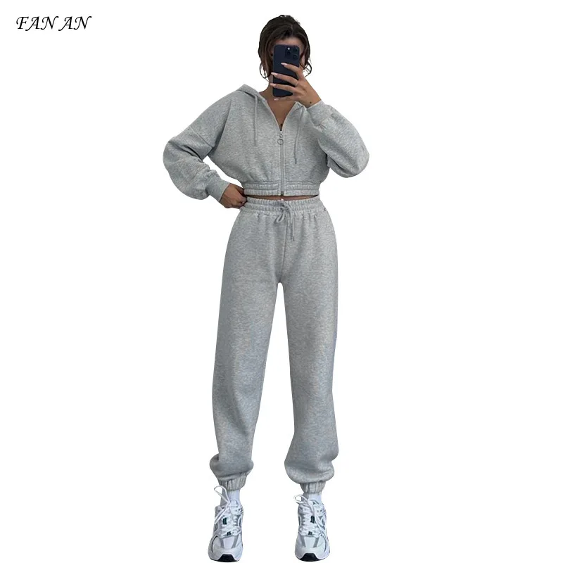 Autumn and Winter New Women's Fashion Casual Sports Hoodie Zipper Hoodie Waist Top Strap Elastic Trousers Ladies Two-piece Suit