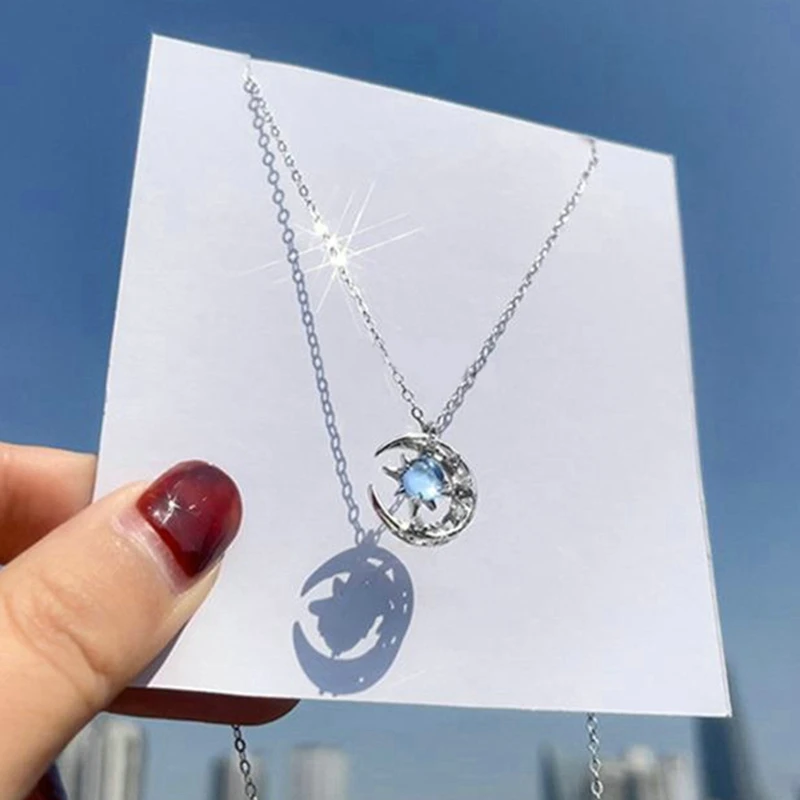 Women Fashion Hollow Out Moon Star Crystal Pendant Necklace
