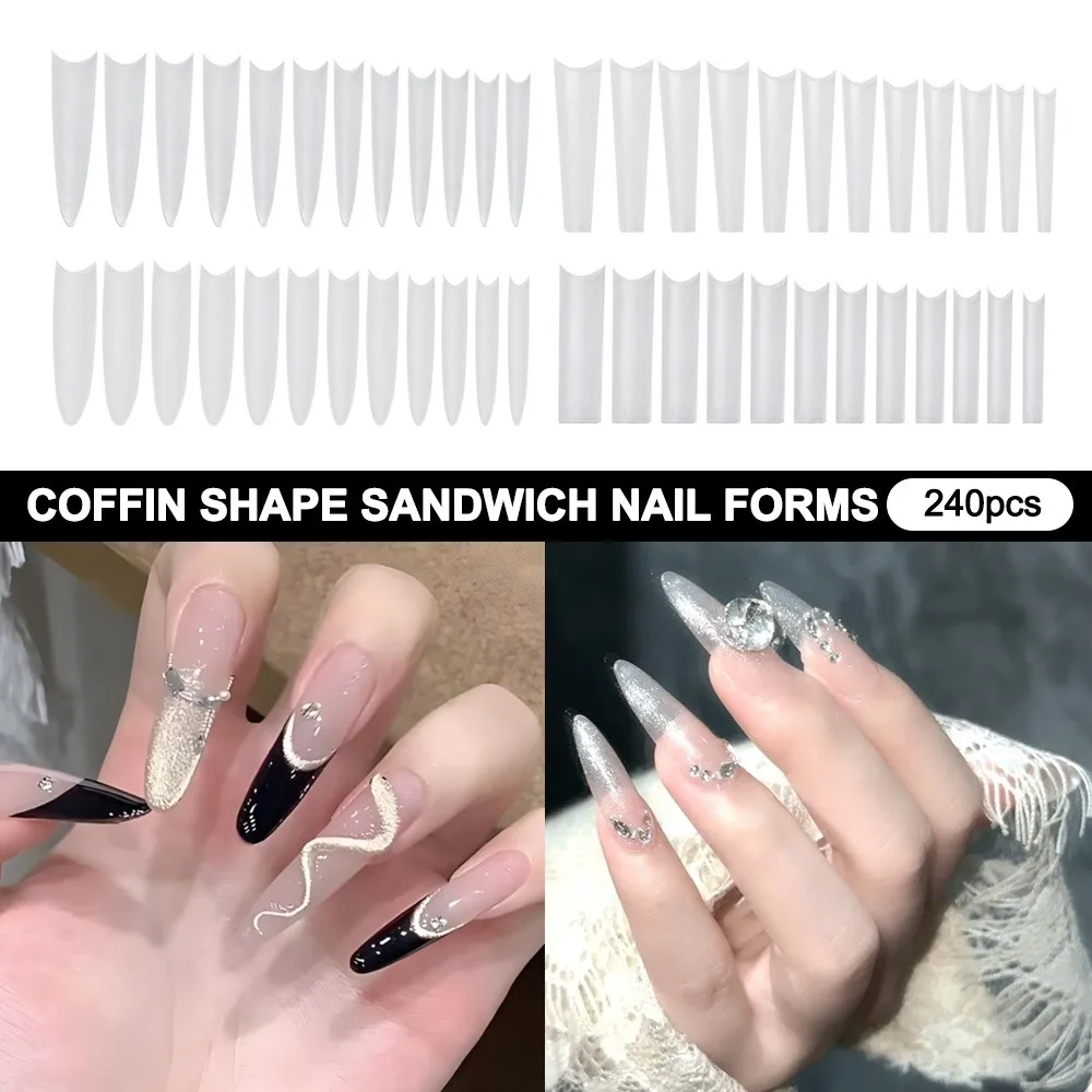 Hot Coffin Shape Sandwich Nail Forms Ultra-Thin Extra Long Water Pipe Nail Tips C Curve No-Trace Nail Tips DIY