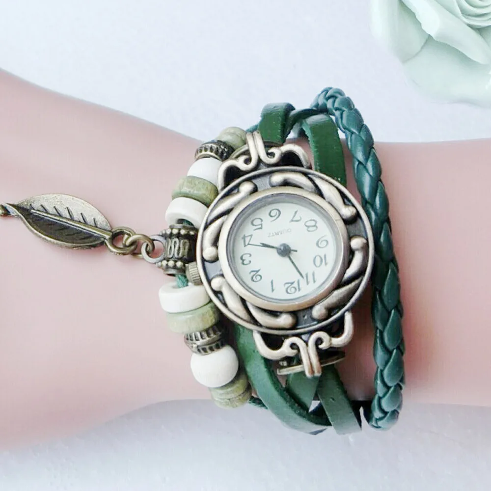 

Fashion Women Watches Retro Leather Winding Bracelet Leaf Pendant Watch Casual Quartz Wristwatches Reloj Mujer