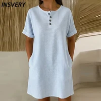Summer Striped Print O Neck Pocket Dress Women Casual Mini Dress Blue Short Sleeve Loose Beach Holiday Dress Female Party Dress