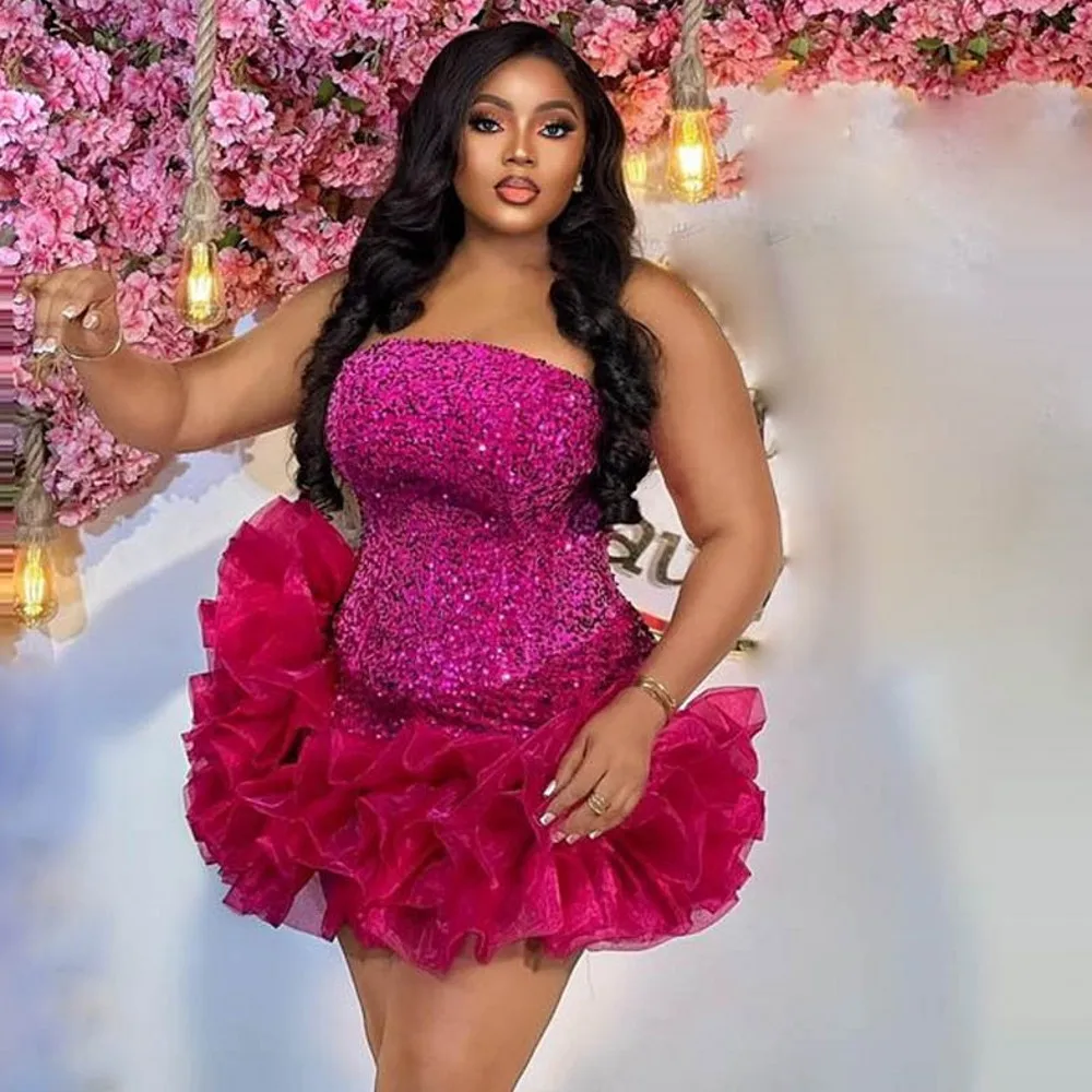 Sequined Mermaid Cocktail Dresses Strapless Ruffles Tiered Plus Size Prom Dress Sexy Short Party Dress For Photo Shoots cocktail dress