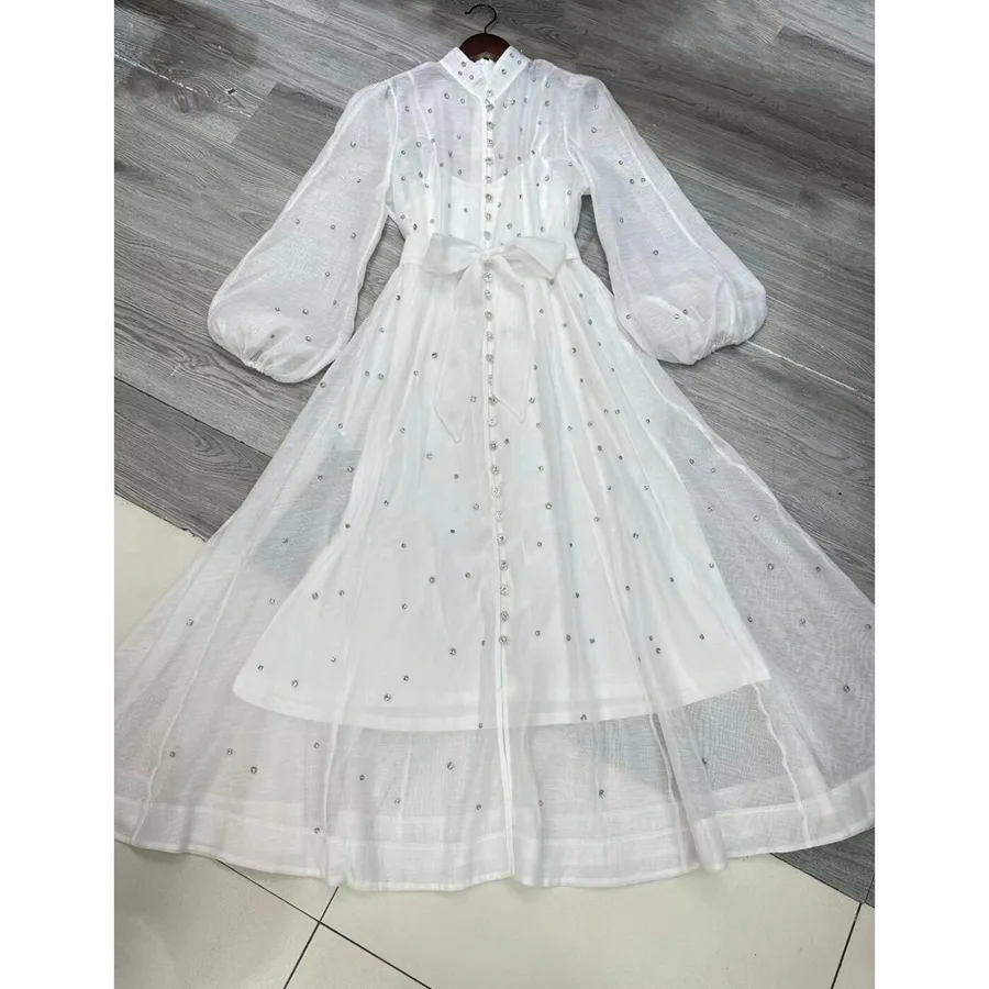 Elegant Long Dress British Style Fashion Beading Single Breasted Design Gentle Temperament Dresses Women 2025 Spring Autumn
