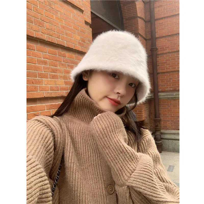 

New Fashion Artificial Rabbit Fur Bucket Hat Women Autumn Winter Warm Thickened Fisherman Hat Panama Plush Basin Hat Lady Cap