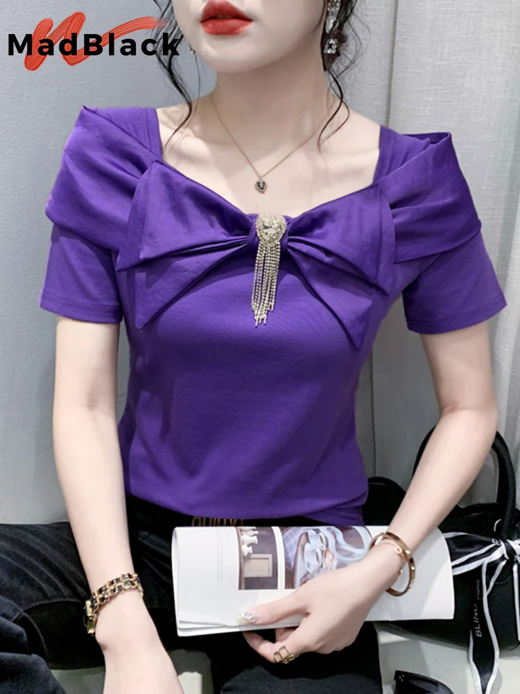 

MadBlack European Clothes T-Shirt 3D Bowtie Shiny Beaded Female Slim Cotton Tops Short Sleeve Tee Autumn Winter T3D436JD