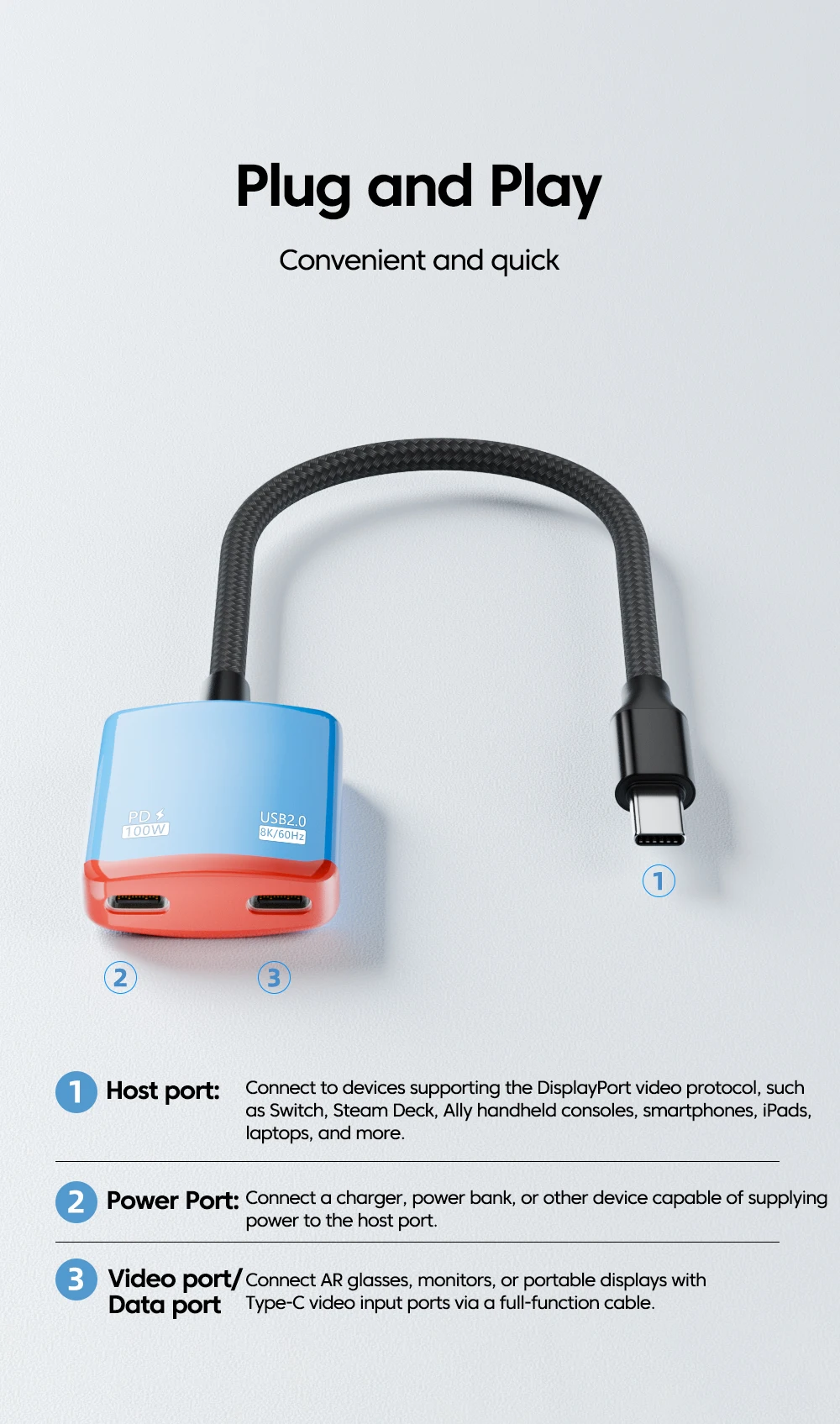 USB C 2 in 1 Converter PD100W Charging 8K@60Hz Video Full-Function Charging Transmission Line Suitable for AR XR Glasses Laptop