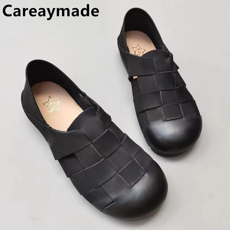 careaymade-genuine-leather-woven-women's-shoesround-toe-flat-soft-sole-anti-slip-breathable-handmade-man-single-shoes-big-size