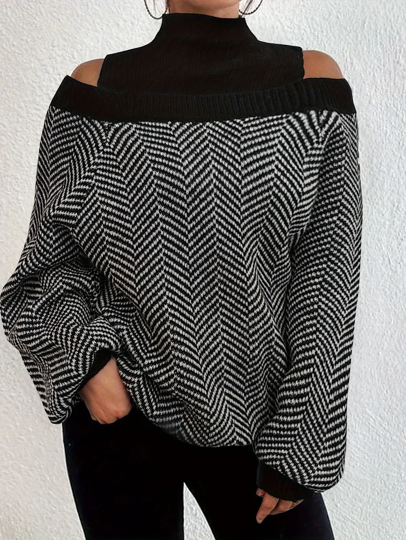 

Striped Mock Neck Pullover Sweater, Casual Cut Out Long Sleeve Loose Sweater, Women's Clothing
