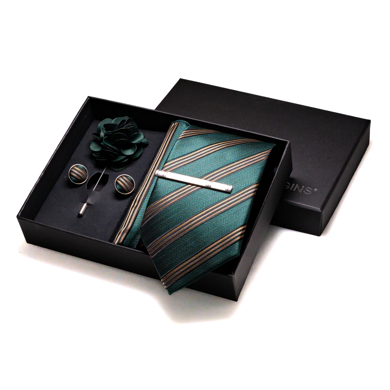 Silk Ties for Men Luxury Dark Green Stripes Wedding Accessories Mens Necktie Pocket Square Cufflinks Pin And Elegant Gift Box neck tie pocket square