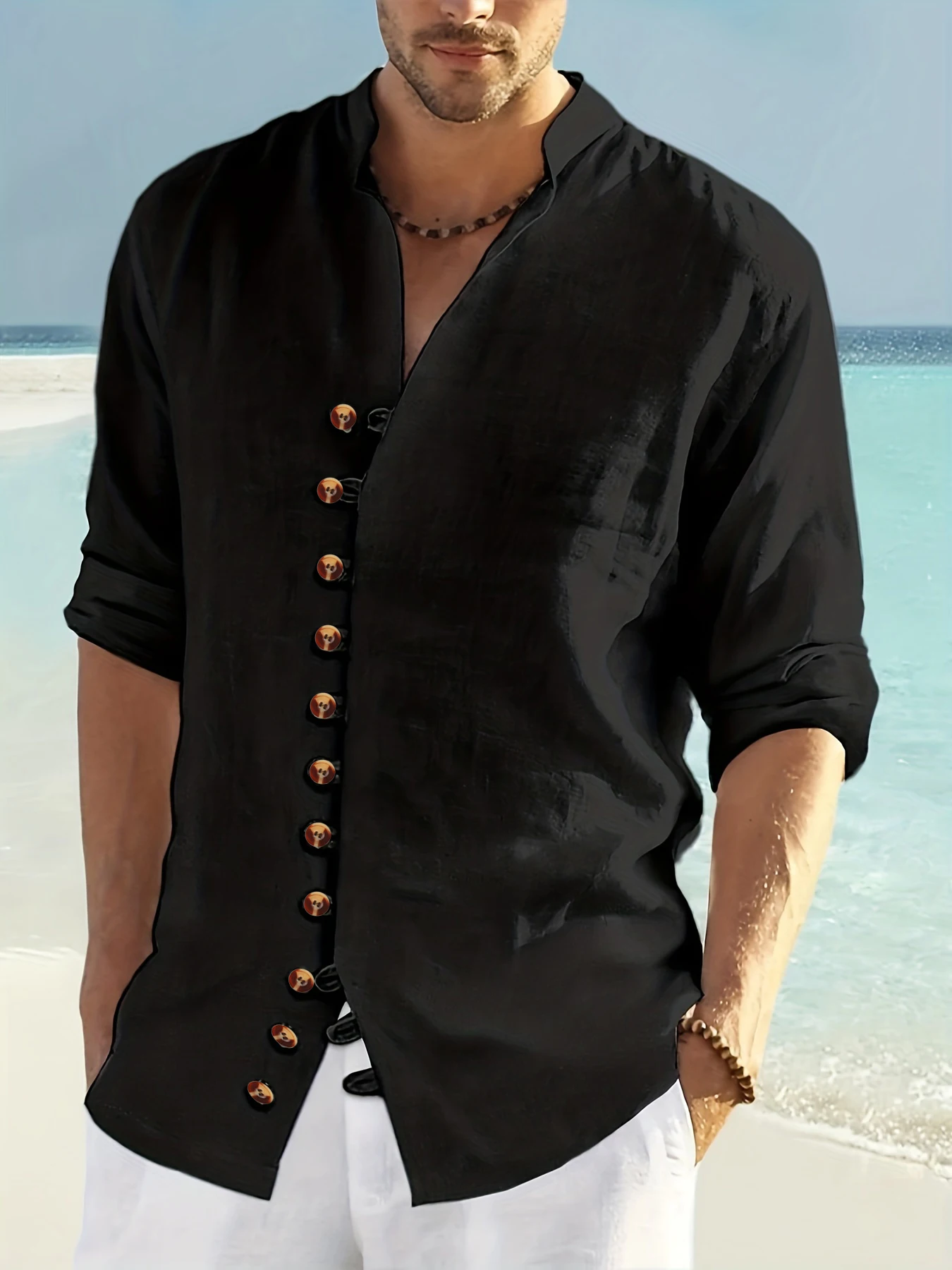 

Summer 100% Cotton Linen Men's Long Sleeve Shirt Solid Color Stand Collar Casual T-shirt Men's Clothing