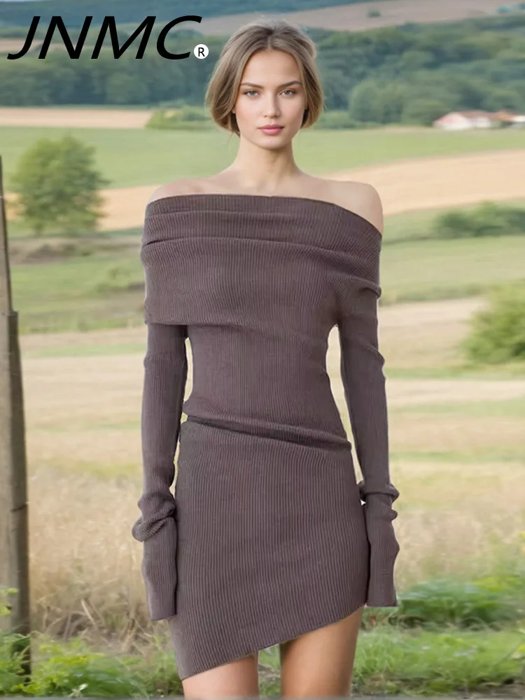 

JNMC Women Design Plain Color Oblique Shoulder Line Collar Waist Slimming Senior Sense Long-sleeved Knitted Dress 2024 NEW