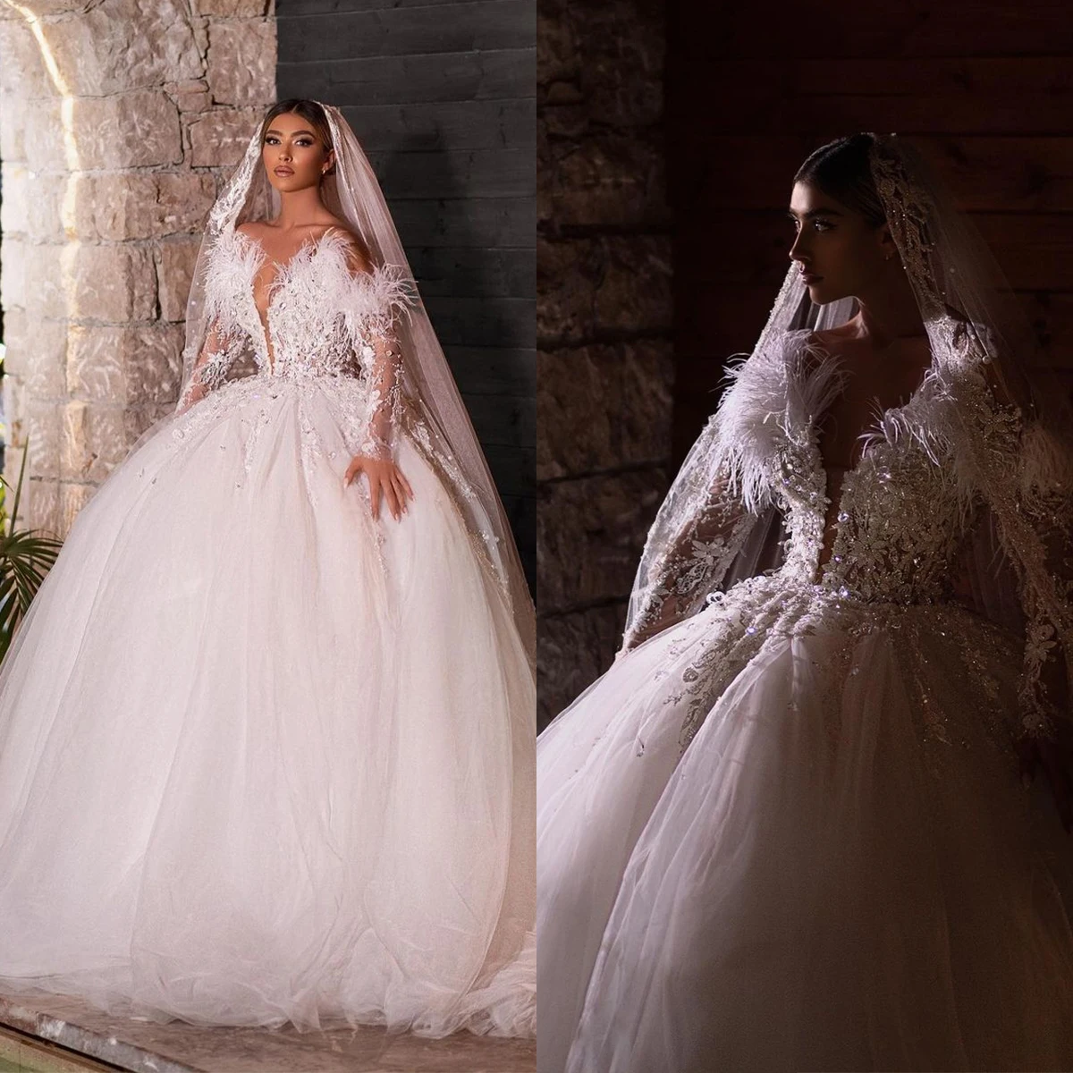 

Spring Fashion A-Line Wedding Dresses V-Neck Long Sleeves Robe De Mariee Custom Made Appliques Lace Sweep Train Bridal Gowns