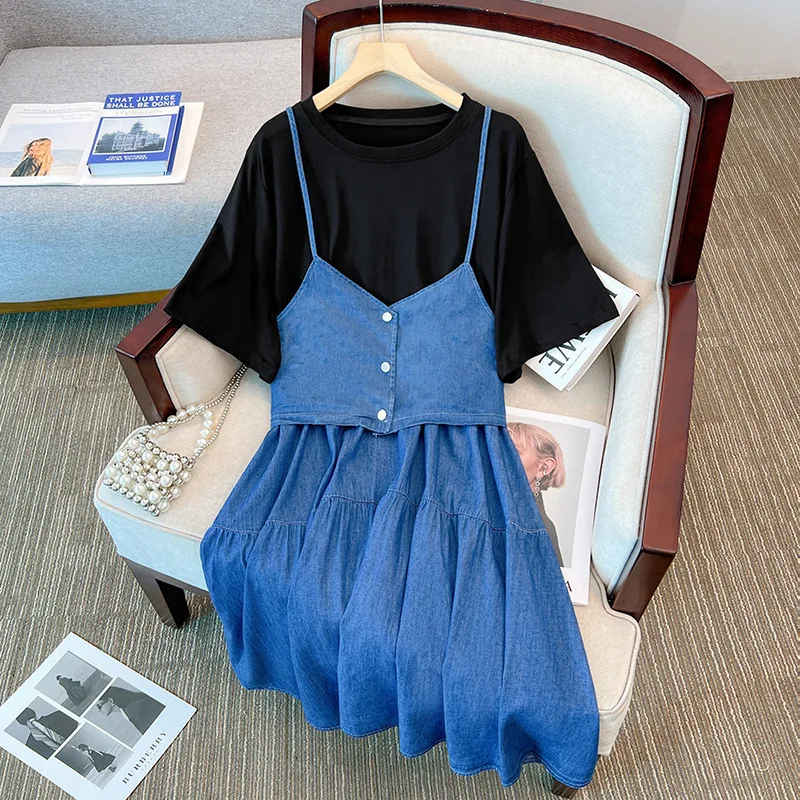 160Kg Plus Size Women\'s Bust 150 Summer Loose Strap Fake Two Piece Denim Dress Blue Large 5XL 6XL 7XL 8XL 9XL