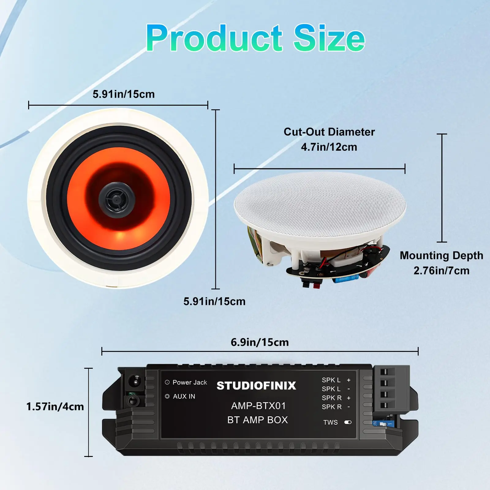 STUDIOFINIX 4인치 블루투스 천장 스피커(2채널 앰프 포함) 240W 최대 출력 거실 사무실용 선명한 사운드