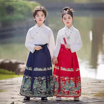 Set per bambini Manica corta lunga Set da 2 pezzi Vestito da ragazzo Tang Costume Abbigliamento Hanfu Top Gonna con faccia di cavallo Vestito da ragazza