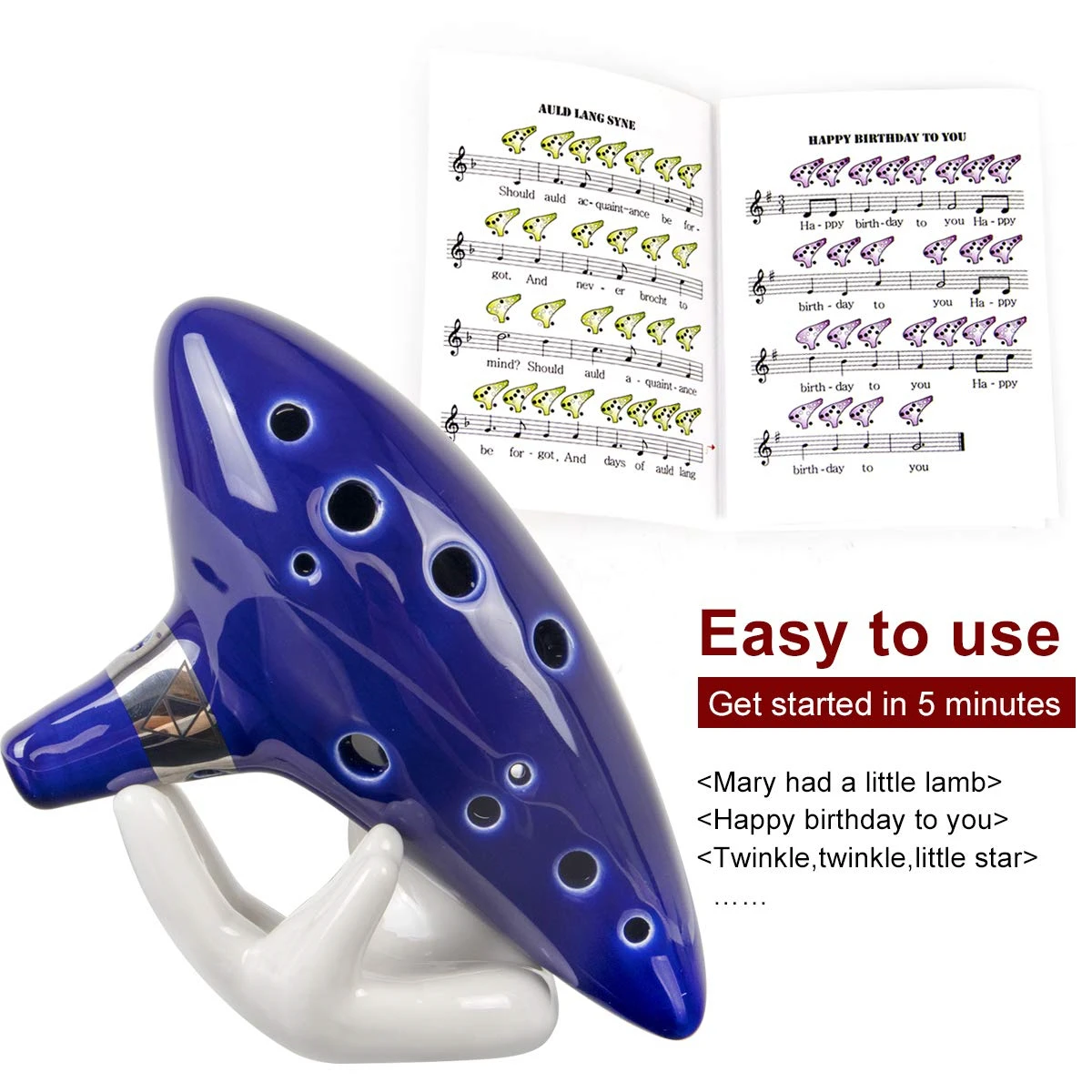 Okarina, 12 Töne Alt-C-Keramik-Okarina-Musik instrument mit Liederbuch-Hals-Schnur-Trage tasche, blau – Detail 6