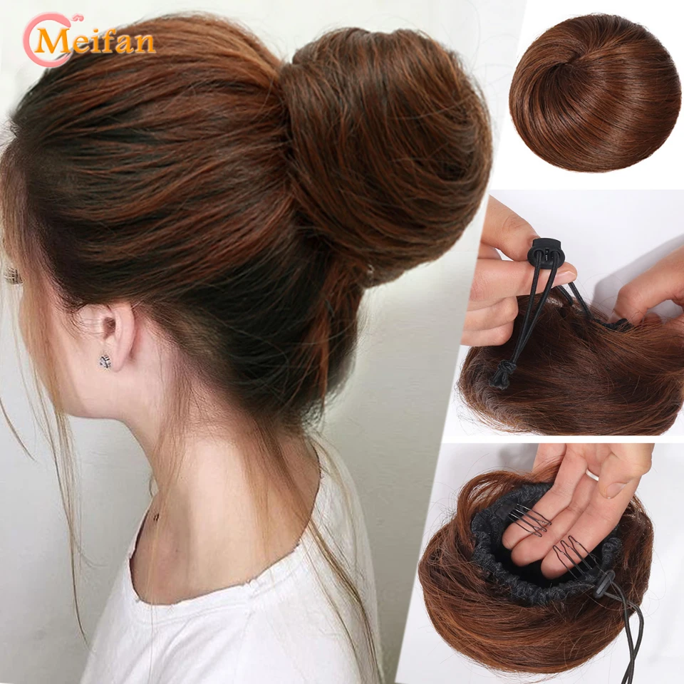 MEIFAN Synthetic Straight Chignon Clip in Hair Tail Extension Hairpiece Black Ballerina Natural Fake Hair Bun Hairpiece