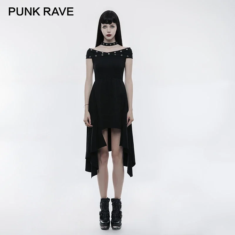 

PUNK RAVE Punk Collars Strapless X Collar Asymmetric Hem Long Dress Black Sexy Knitted Cutting Rubber Band Waist Women Clothing