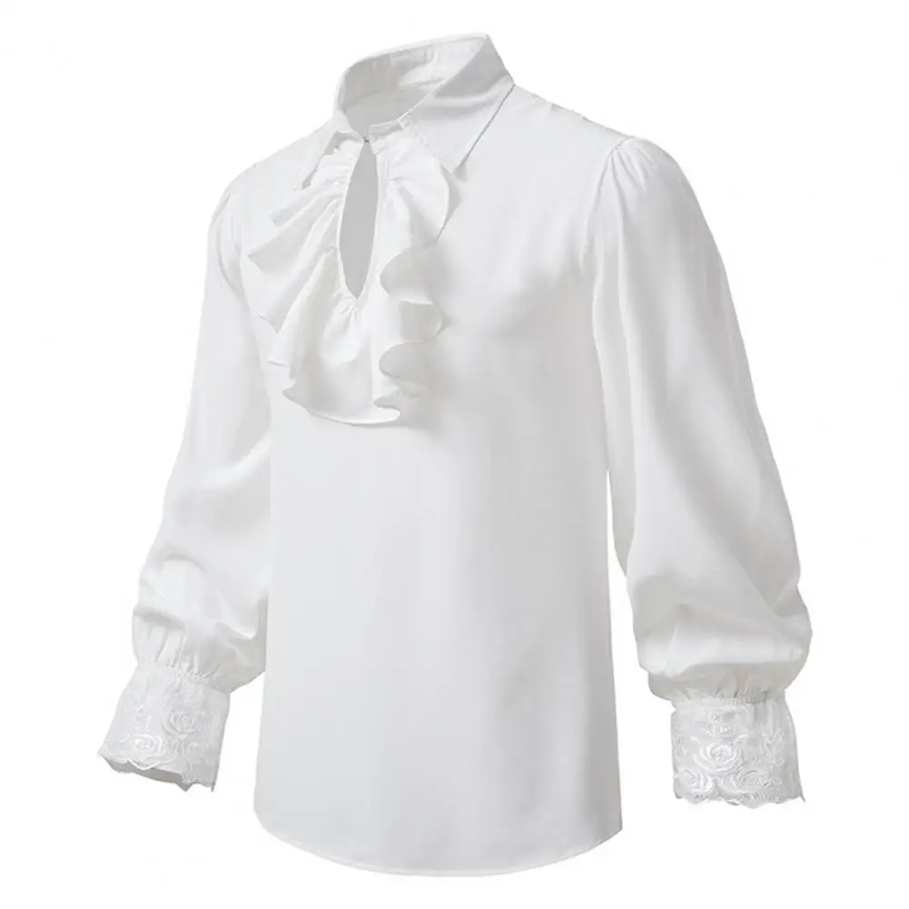 

Men Shirt Stand Collar Lapel Ruffle Lace Long Sleeve Pullover Steampunk Retro Medieval Cosplay Halloween Costumes Gothic Renaiss