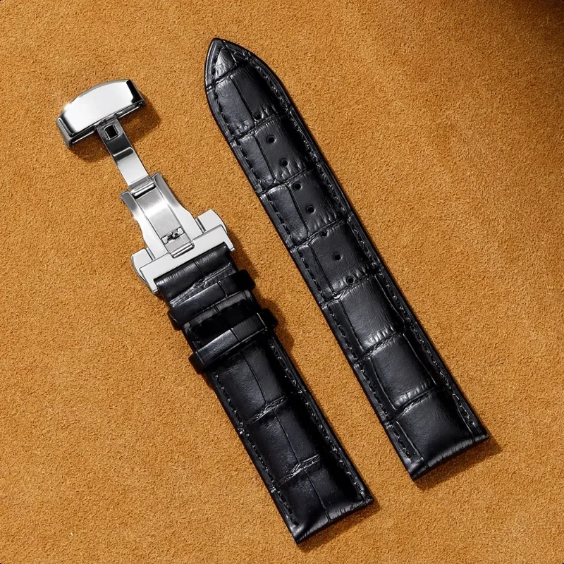 Elegant Leather Cowhide Watch Band with Butterfly Buckle - Business Bracelet Wristbelt