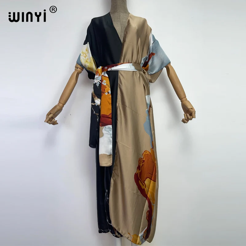 2022 WINYI 여름 비치 웨어 수영복 커버, 보호 패션 프린트, 우아하고 섹시한 홀리데이 파티 반팔 가디건 드레스