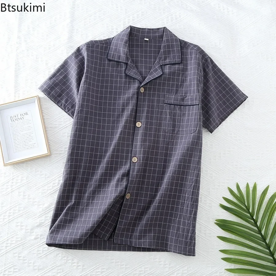 2024 Men's Casual Cotton Short Sleeved Sleep Tops 100% Cotton Gauze Crepe Pajamas Large Size Loose Home Service Female Homewear