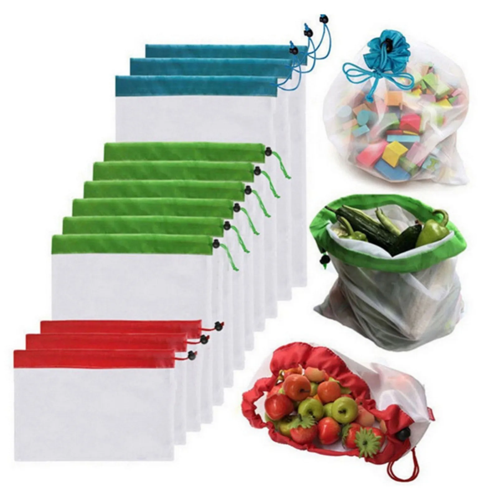 

Многоразовые сетчатые продуктовые сумки, верёвочные аксессуары для хранения продуктов, фруктов, овощей, игрушек, мелочей, органайзер для хранения, 12 шт.