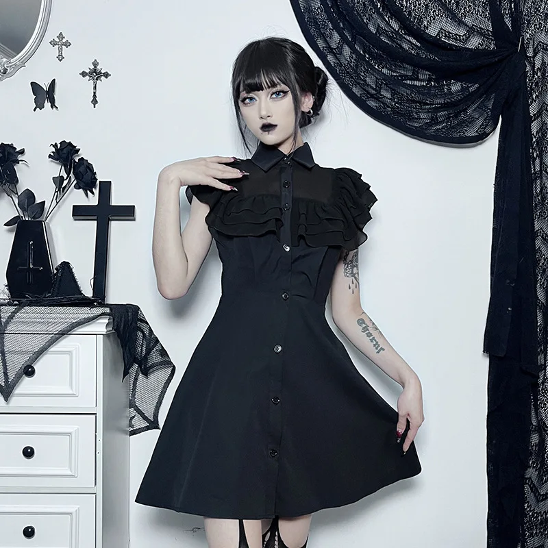 

Gothic DressGoth Summer New Dark Gothic Style Ruffled Design Sexy Slim Waist Showing Breasts Dress FemaleGoth dress